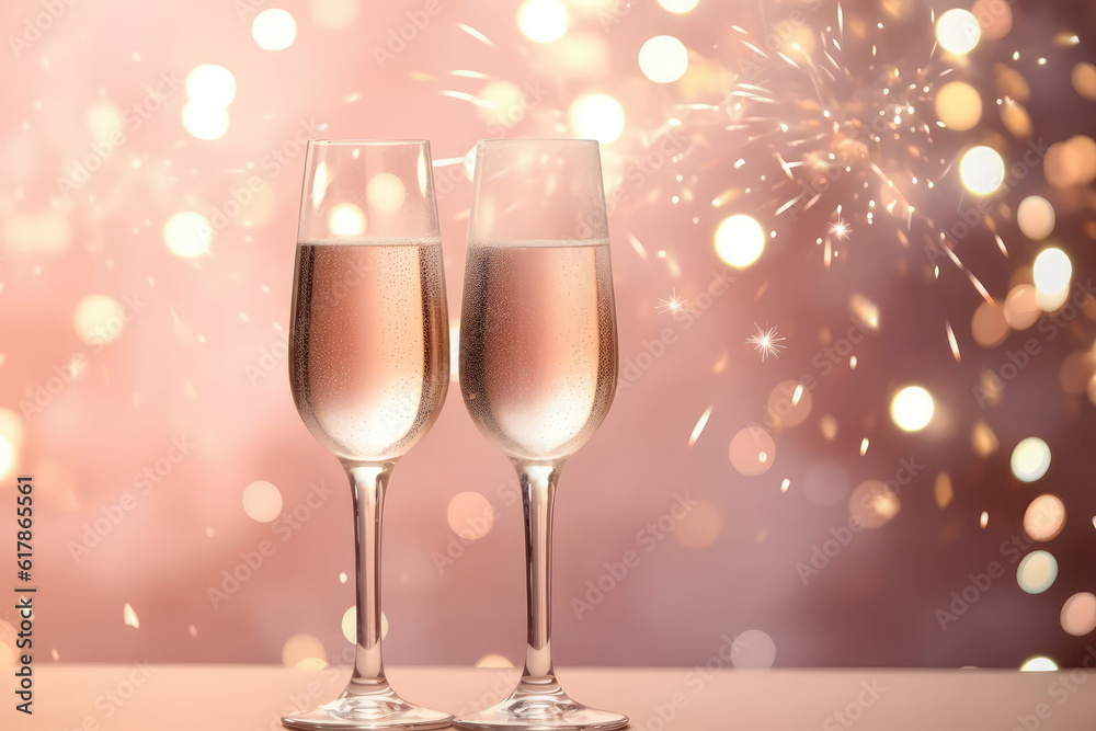 Two Champagne Glasses On Pastel Pink Color Background Of Fireworks With Empty Space. Celebrating Christmas. Generative AI