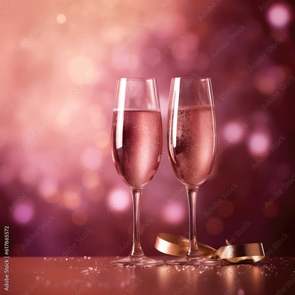 Two Champagne Glasses On Dusty Rose Color Background Of Fireworks With Empty Space. Wedding Celebration. Generative AI Two Champagne Glasses On Dusty Rose Color Background Of Fireworks With Empty Space. Wedding Celebration. Generative AI