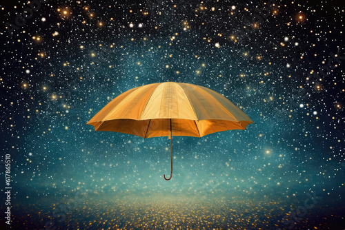 Surreal Image Of Umbrella Floating In Starry Sky. Generative AI