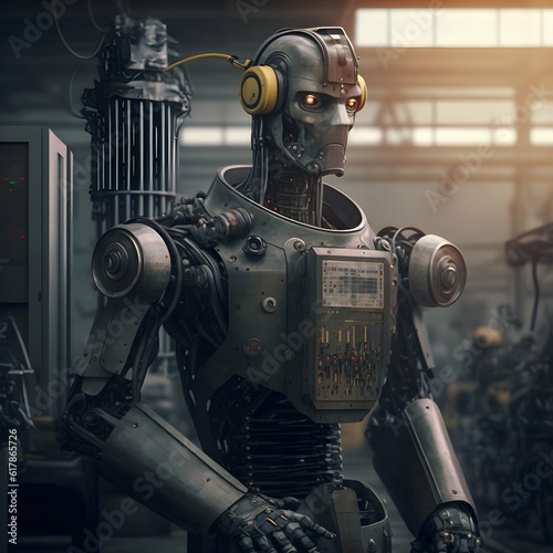 a humanoid android man robot with artificial intelligence as a factory worker  © Betty