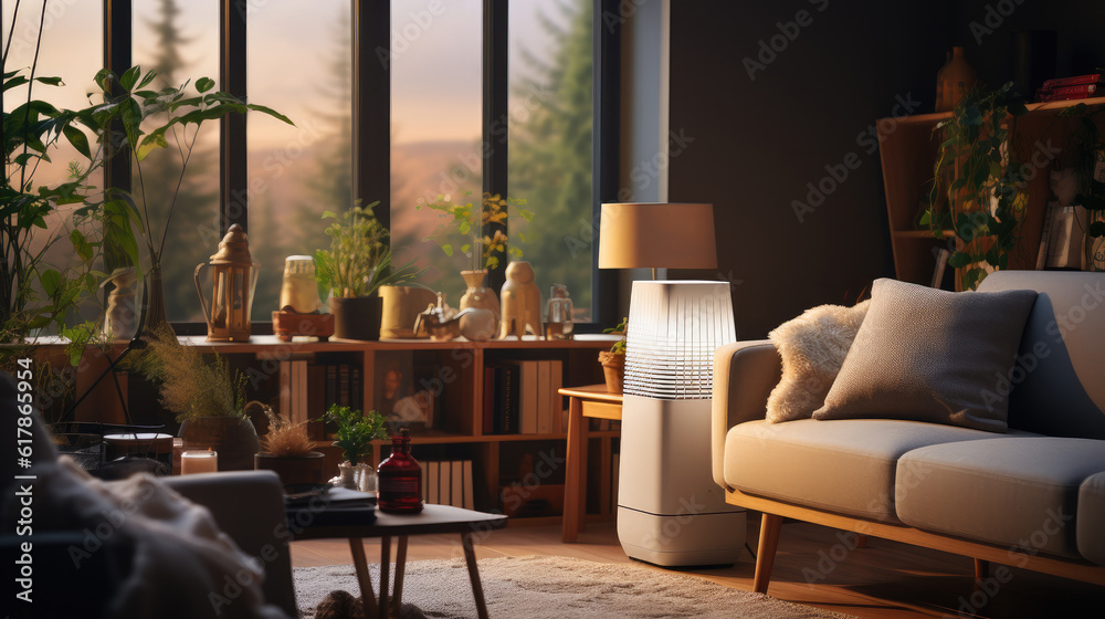 Air purifier in living room, humidifier working, purifying indoor air in living room, Smart home lifestyle.