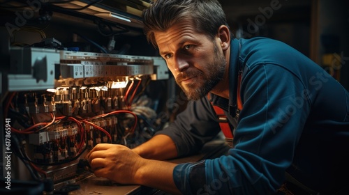 Electrician inspect and installing switchboard with an electrical connecting cable. © visoot