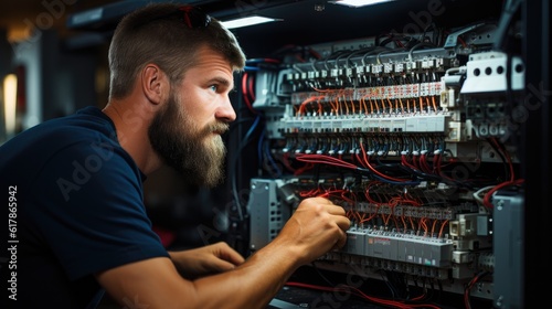 Electrician inspect and installing switchboard with an electrical connecting cable.