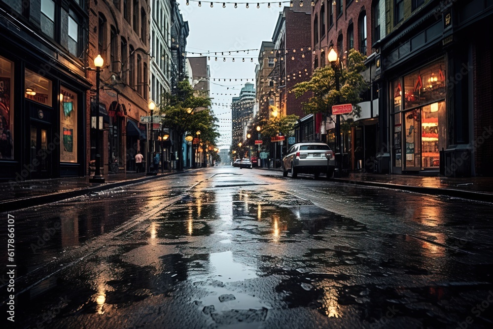 City street after rain. Generative ai image.