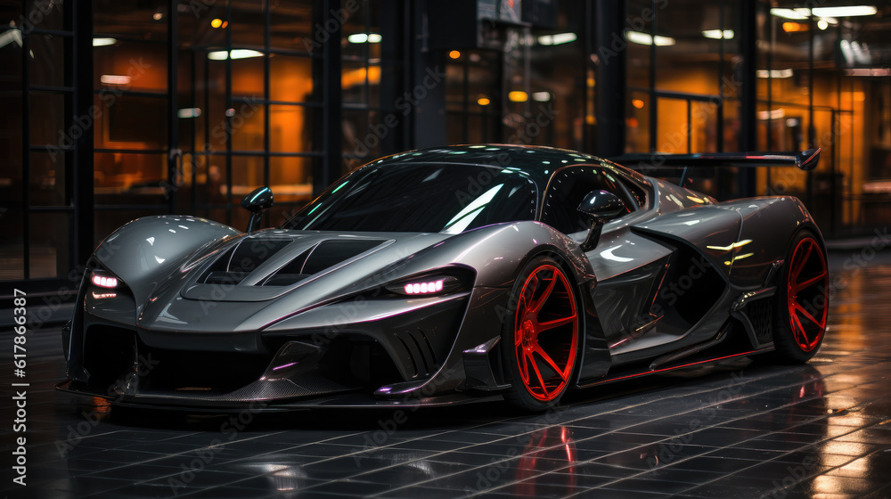 Luxury supercar sports car on the suburban downtown night street. Luxury supercar sports car on the suburban downtown night street.
