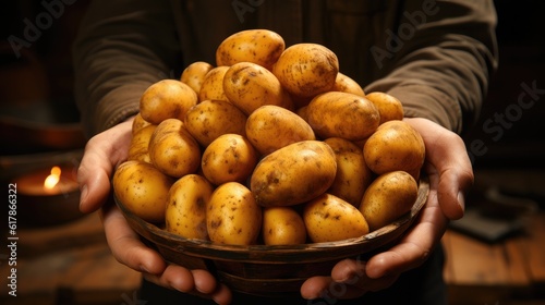 Hand holding a bunch of potatoes.
