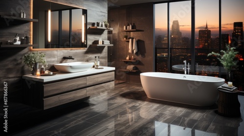 Interior of a modern apartment bathroom.