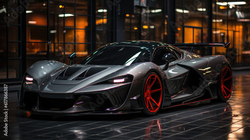 Luxury supercar sports car on the suburban downtown night street. © visoot