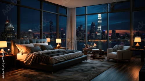 Bedroom with a view of the city outside of the window, Interior of a modern apartment bedroom.