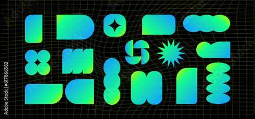 Geometric holographic frame shapes on a black background. Abstract backgrounds, patterns, cyberpunk elements in trendy psychedelic rave style. Retro-futuristic aesthetics of the 2000s.