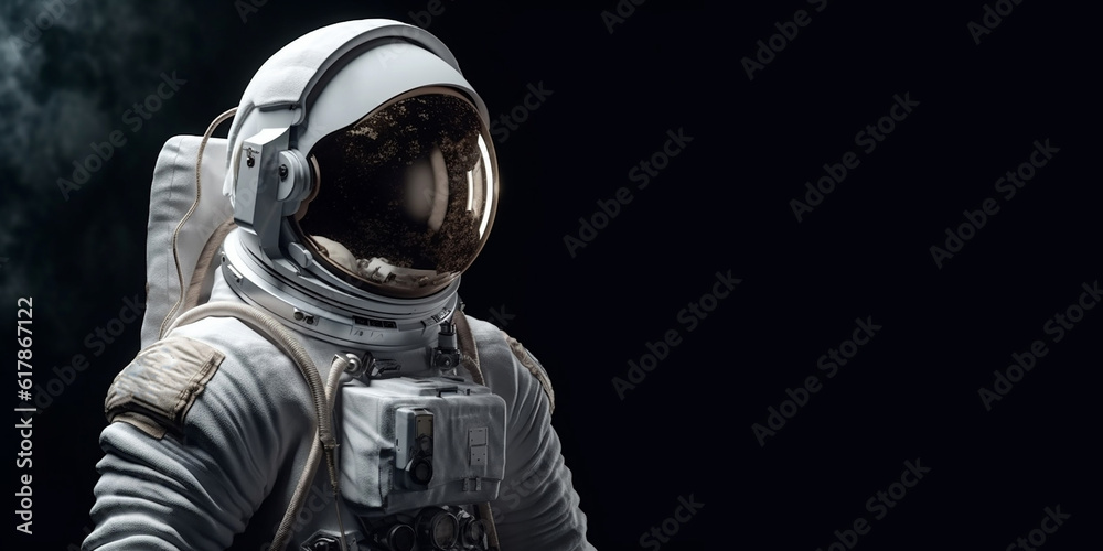 Cosmonaut or astronaut in a spacesuit, close-up and on an isolated black background. Generative AI