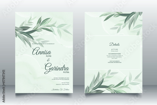 Beautiful sage green leaves wedding invitation card template Premium Vector