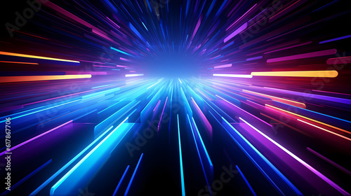 Spectrum Show, Vibrant Neon Beams Illuminate Abstract Geometry in Cosmic Stage Room, generative ai.