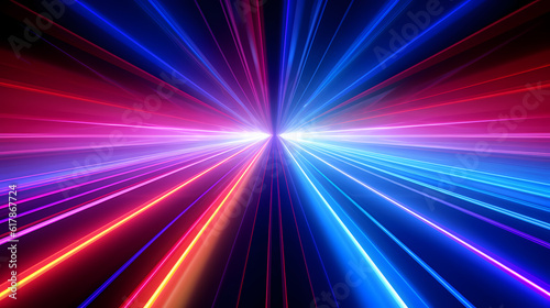 Spectrum Show, Vibrant Neon Beams Illuminate Abstract Geometry in Cosmic Stage Room, generative ai.