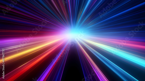 Spectrum Show  Vibrant Neon Beams Illuminate Abstract Geometry in Cosmic Stage Room  generative ai.