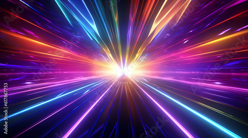 Spectrum Show  Vibrant Neon Beams Illuminate Abstract Geometry in Cosmic Stage Room  generative ai.