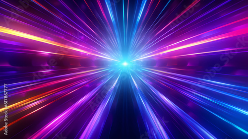 Spectrum Show, Vibrant Neon Beams Illuminate Abstract Geometry in Cosmic Stage Room, generative ai.