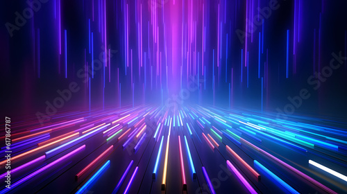 Spectrum Show, Vibrant Neon Beams Illuminate Abstract Geometry in Cosmic Stage Room, generative ai.