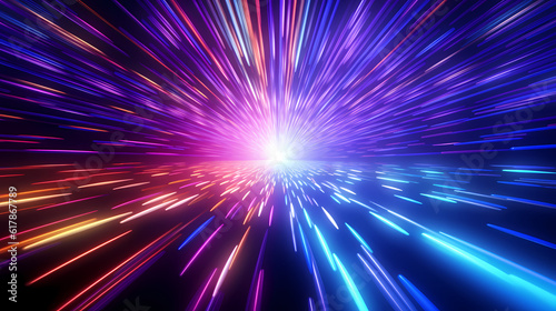 Spectrum Show, Vibrant Neon Beams Illuminate Abstract Geometry in Cosmic Stage Room, generative ai.