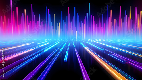 Spectrum Show, Vibrant Neon Beams Illuminate Abstract Geometry in Cosmic Stage Room, generative ai.