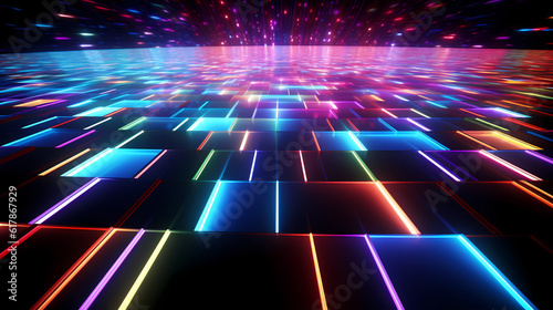 Spectrum Show, Vibrant Neon Beams Illuminate Abstract Geometry in Cosmic Stage Room, generative ai.