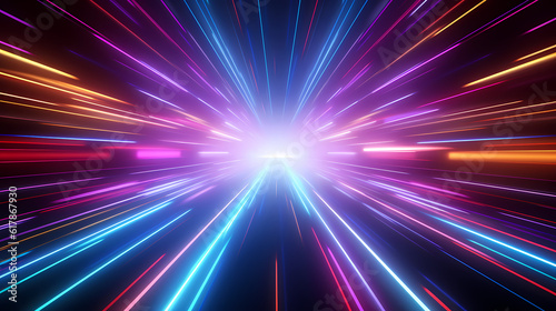 Spectrum Show, Vibrant Neon Beams Illuminate Abstract Geometry in Cosmic Stage Room, generative ai.