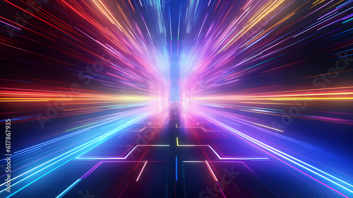 Spectrum Show, Vibrant Neon Beams Illuminate Abstract Geometry in Cosmic Stage Room, generative ai.