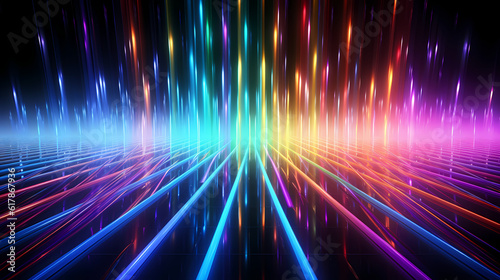 Spectrum Show, Vibrant Neon Beams Illuminate Abstract Geometry in Cosmic Stage Room, generative ai.