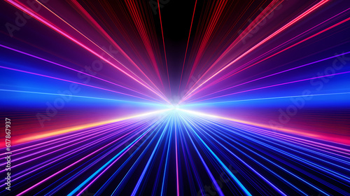 Spectrum Show, Vibrant Neon Beams Illuminate Abstract Geometry in Cosmic Stage Room, generative ai.