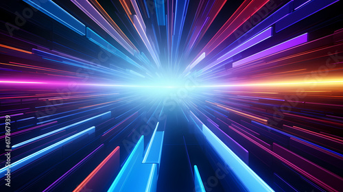 Spectrum Show, Vibrant Neon Beams Illuminate Abstract Geometry in Cosmic Stage Room, generative ai.