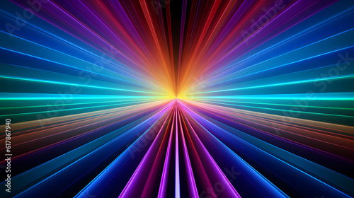 Spectrum Show, Vibrant Neon Beams Illuminate Abstract Geometry in Cosmic Stage Room, generative ai.