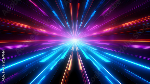 Spectrum Show, Vibrant Neon Beams Illuminate Abstract Geometry in Cosmic Stage Room, generative ai.
