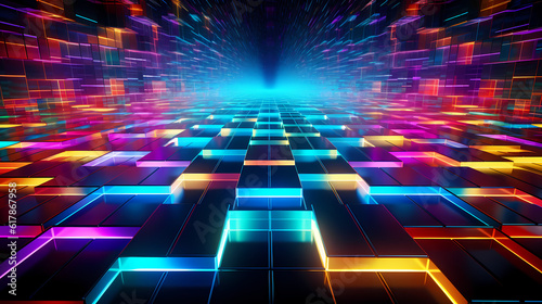 Spectrum Show, Vibrant Neon Beams Illuminate Abstract Geometry in Cosmic Stage Room, generative ai.