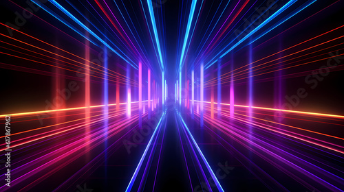 Spectrum Show, Vibrant Neon Beams Illuminate Abstract Geometry in Cosmic Stage Room, generative ai. © Phanida
