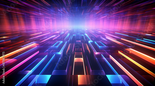 Spectrum Show, Vibrant Neon Beams Illuminate Abstract Geometry in Cosmic Stage Room, generative ai.