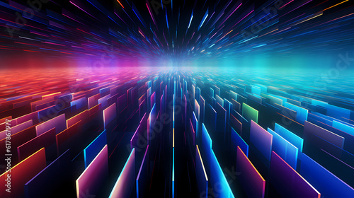 Spectrum Show, Vibrant Neon Beams Illuminate Abstract Geometry in Cosmic Stage Room, generative ai.