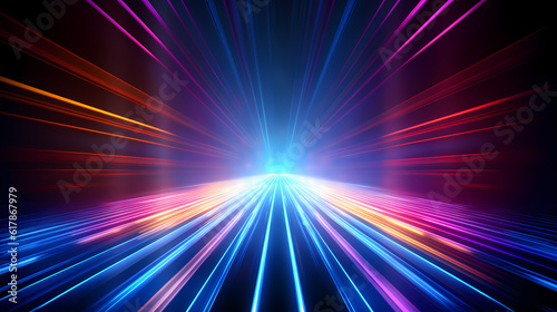 Spectrum Show, Vibrant Neon Beams Illuminate Abstract Geometry in Cosmic Stage Room, generative ai.