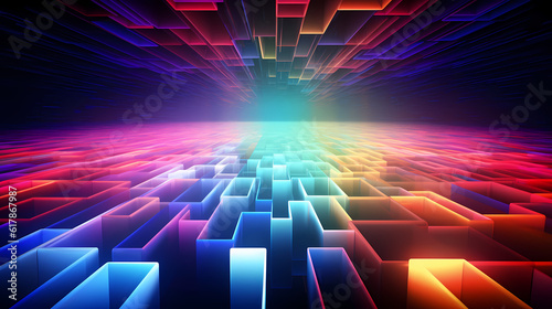 Spectrum Show, Vibrant Neon Beams Illuminate Abstract Geometry in Cosmic Stage Room, generative ai.