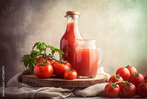 Fresh tomato juice and fresh tomatoes on rustic background. Generative AI 