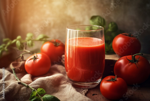 Fresh tomato juice and fresh tomatoes on rustic background. Generative AI 
