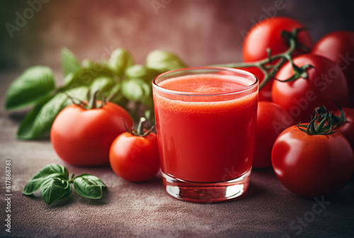 Fresh tomato juice and fresh tomatoes on rustic background. Generative AI 