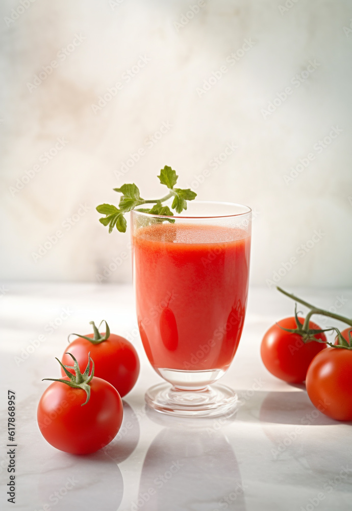 Fresh tomato juice and fresh tomatoes on rustic background. Generative AI Fresh tomato juice and fresh tomatoes on rustic background. Generative AI