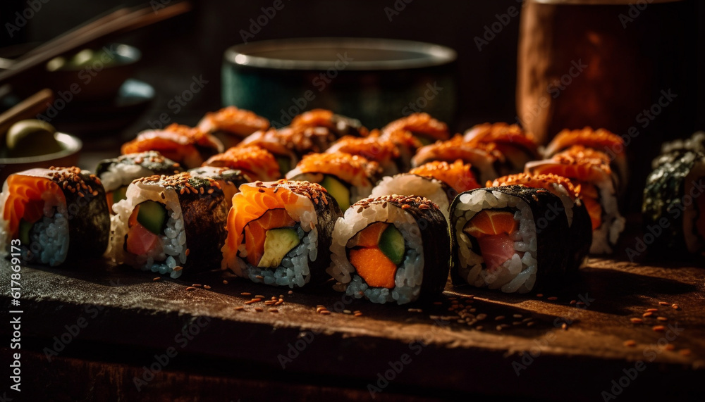 Fresh seafood plate rolled up with maki sushi and avocado generated by AI Fresh seafood plate rolled up with maki sushi and avocado generated by AI