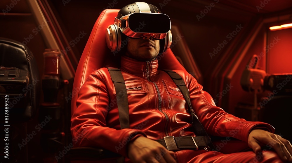 Man wearing 3d VR headset glasses looks up in cyberspace of metaverse. Virtual reality or Augmented reality world simulation. Digital computer entertainment. Okulus. Generative AI