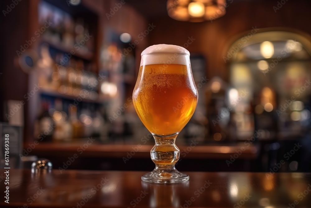 Glass of chilled beer on table and blurred bar background. Generative ai image. Glass of chilled beer on table and blurred bar background. Generative ai image.