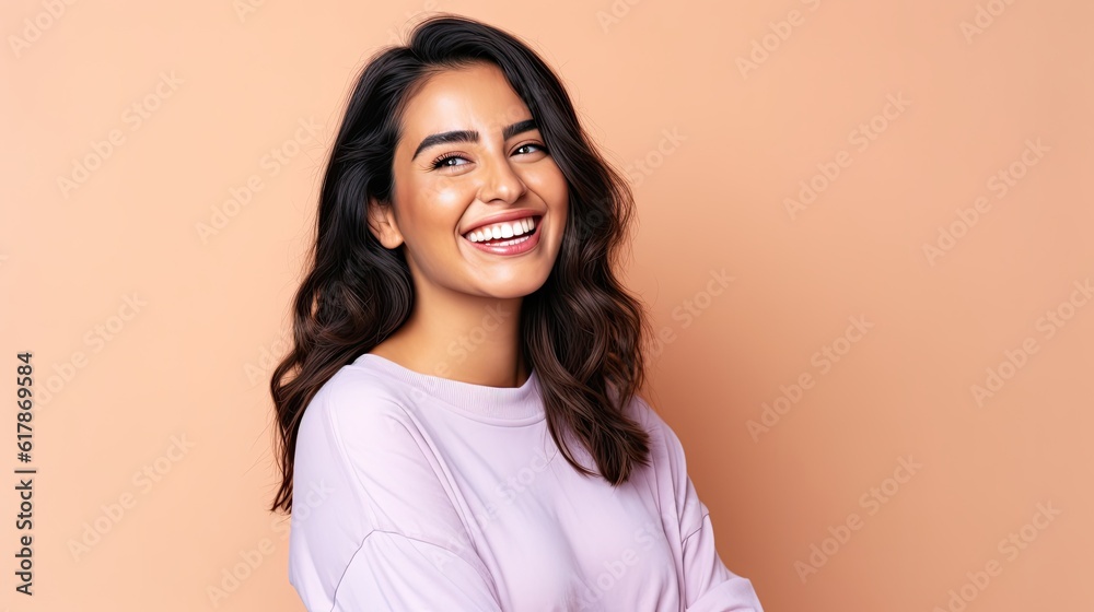 Obraz premium Smiling happy attractive hispanic young woman posing in studio shot