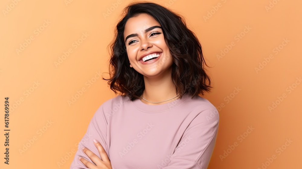 Smiling happy attractive hispanic young woman posing in studio shot
