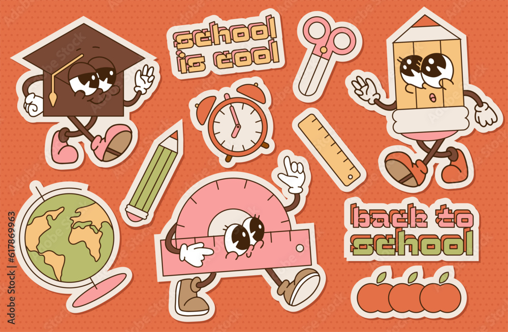 Fototapeta premium Back to school retro groovy stickers pack. Vintage Education conception. Funky cute stationery characters. Contour flat Vector illustration.