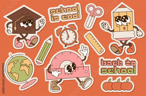 Back to school retro groovy stickers pack. Vintage Education conception. Funky cute stationery characters. Contour flat Vector illustration.