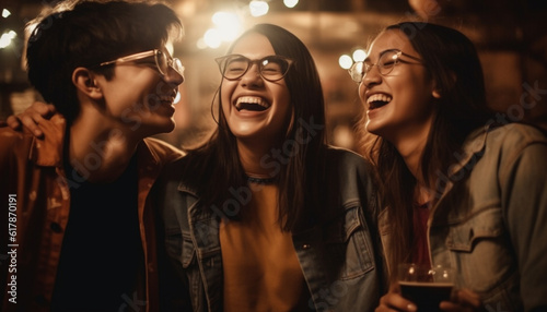 A group of young adults enjoy nightlife, bonding and laughter generated by AI